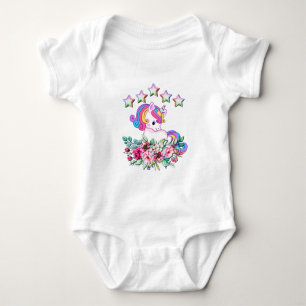 Cute Unicorn, Colorful Stars And Watercolor Floral Baby Bodysuit