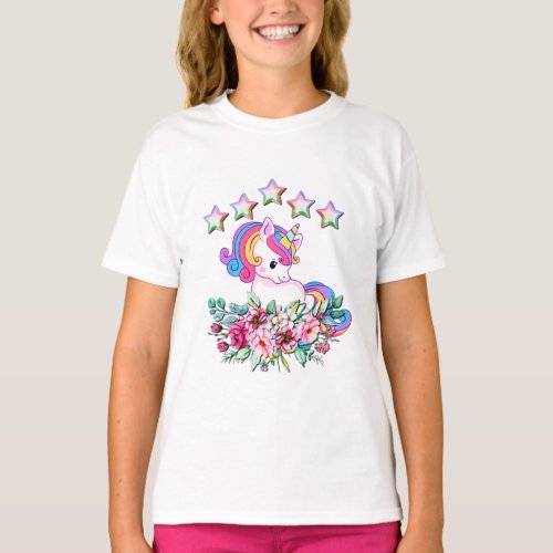 Cute Unicorn Colorful Stars And Watercolor Floral T_Shirt