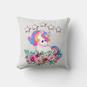 Cute Unicorn, Colorful Stars And Watercolor Floral Throw Pillow