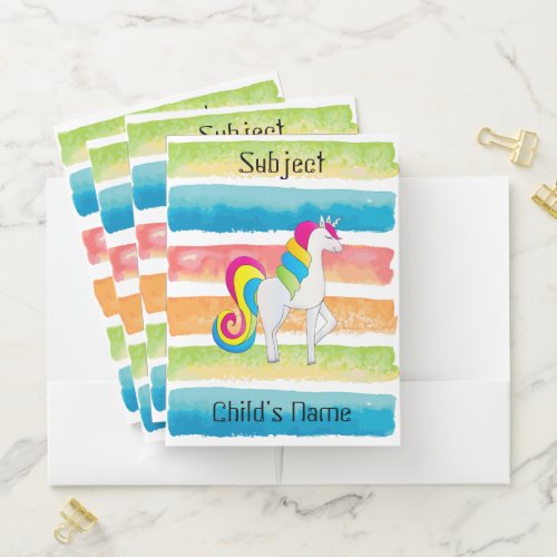 Cute Unicorn Colorful Stripes Pocket Folder