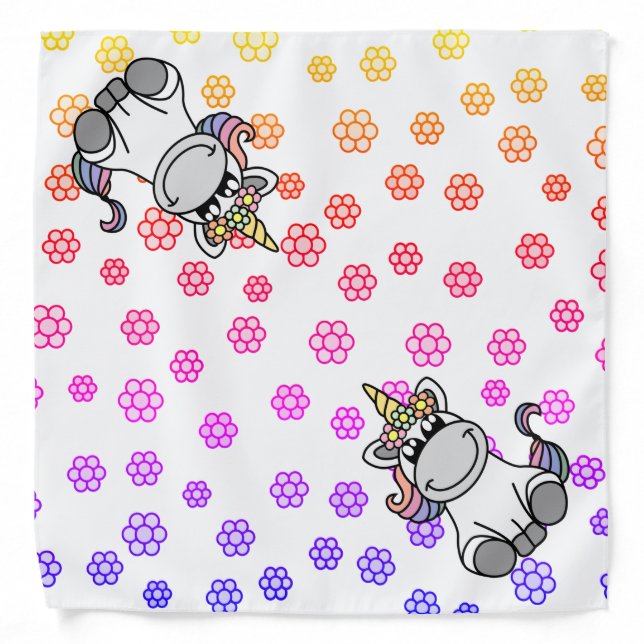 Cute Unicorn Comic Cartoon Rainbow Flowers Bandana (Front)