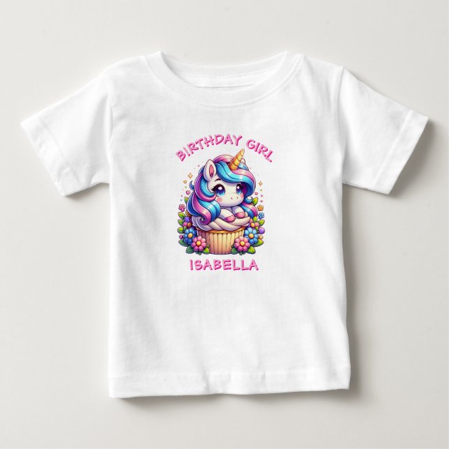 Cute Unicorn & Cupcake Personalized Birthday Girl Baby T-Shirt (Front)