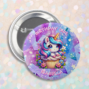 Cute Unicorn & Cupcake Personalized Birthday Girl Button