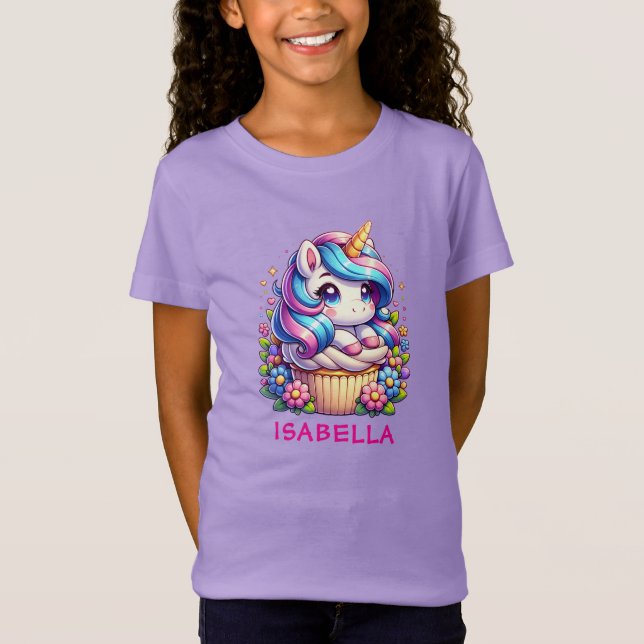 Cute Unicorn & Cupcake Personalized Birthday Girl T-Shirt (Front)