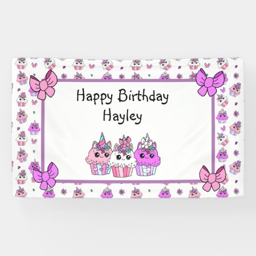 Cute Unicorn Cupcakes Girls BIrthday Banner