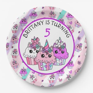 Cute Unicorn Cupcakes Girl's Birthday Paper Plate