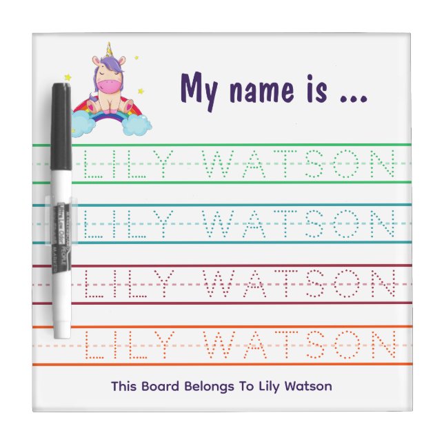 Cute Unicorn Custom Kids Name Tracing Practice Dry Erase Board (Front)