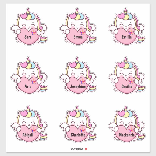 Cute Unicorn Custom Multiple Name Stickers (Sheet)