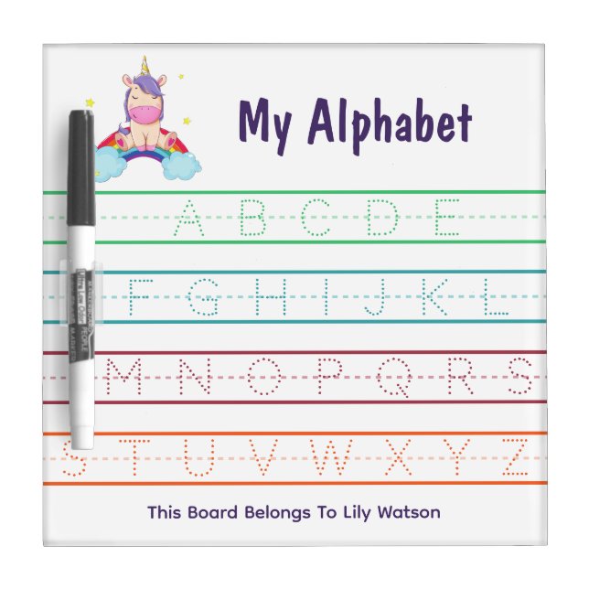 Cute Unicorn Custom Name Alphabet Tracing Practice Dry Erase Board (Front)