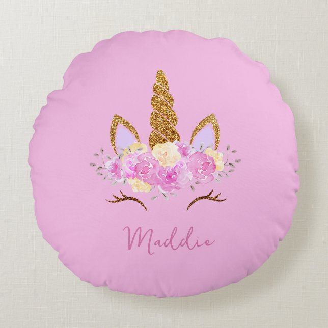 Cute Unicorn Custom Name Round Pillow (Front)