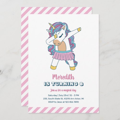 Cute Unicorn Dabbing Kids Girls Birthday Invitation