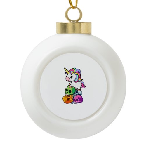 Cute Unicorn &amp; Dead Skulls. Funny Goth Emo Hallowe Ceramic Ball Christmas Ornament