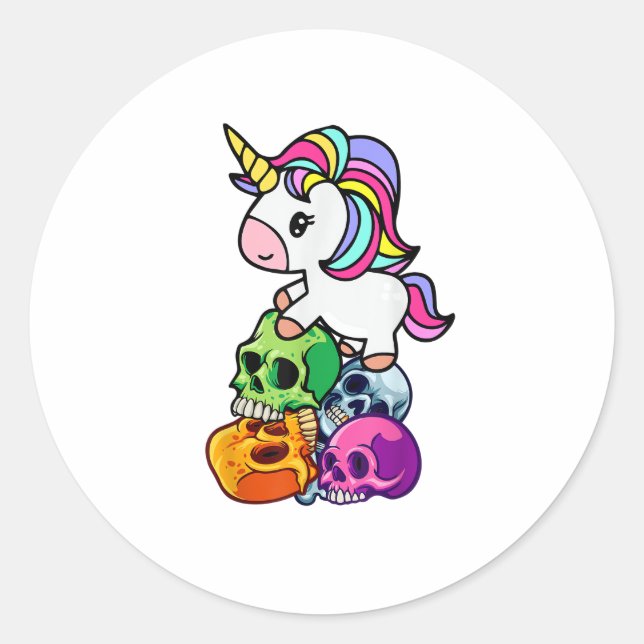 Cute Unicorn & Dead Skulls. Funny Goth Emo Hallowe Classic Round Sticker (Front)