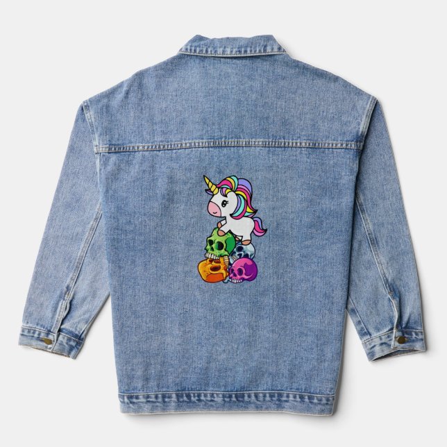 Cute Unicorn & Dead Skulls. Funny Goth Emo Hallowe Denim Jacket (Back)