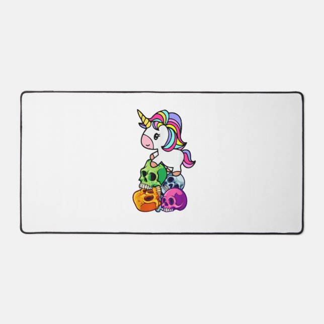 Cute Unicorn & Dead Skulls. Funny Goth Emo Hallowe Desk Mat (Front)