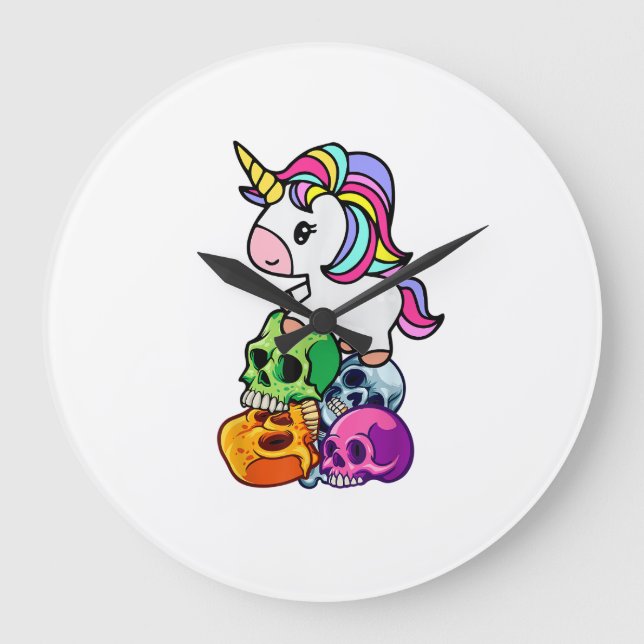 Cute Unicorn & Dead Skulls. Funny Goth Emo Hallowe Large Clock (Front)