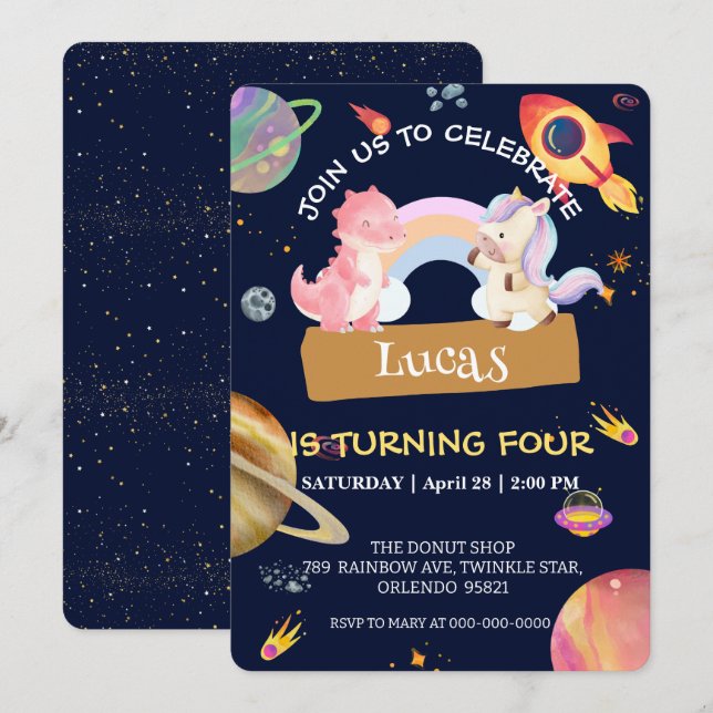 Cute Unicorn Dinosaur Galaxy Rocket birthday party Invitation (Front/Back)