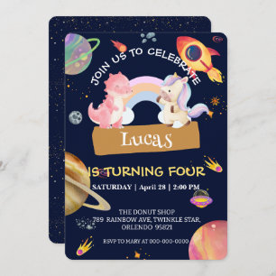 Cute Unicorn Dinosaur Galaxy Rocket birthday party Invitation