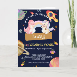 Cute Unicorn Dinosaur Galaxy Rocket birthday party Invitation