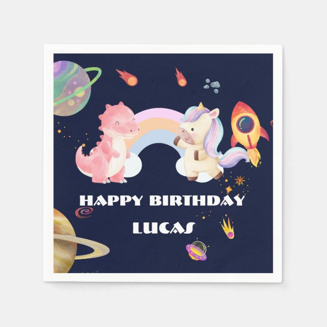 Cute Unicorn Dinosaur Galaxy Rocket birthday party Napkins (Front)