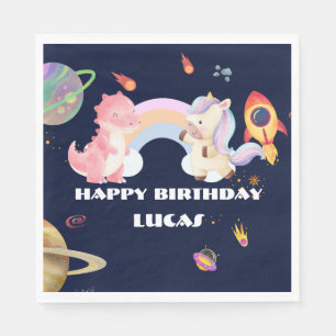 Cute Unicorn Dinosaur Galaxy Rocket birthday party Napkins