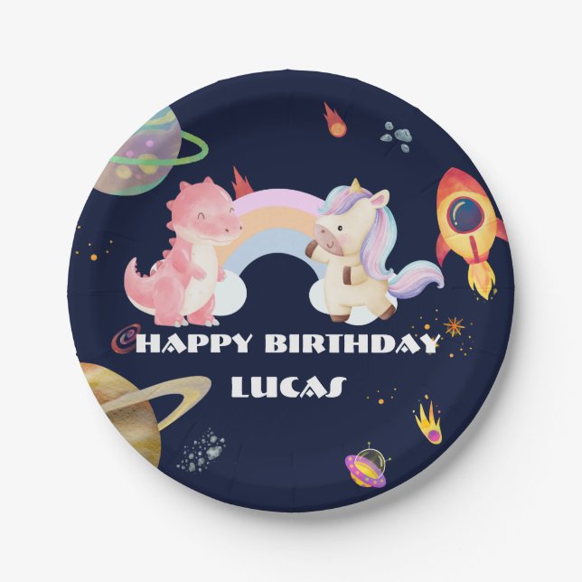 Cute Unicorn Dinosaur Galaxy Rocket birthday party Paper Plates (Front)