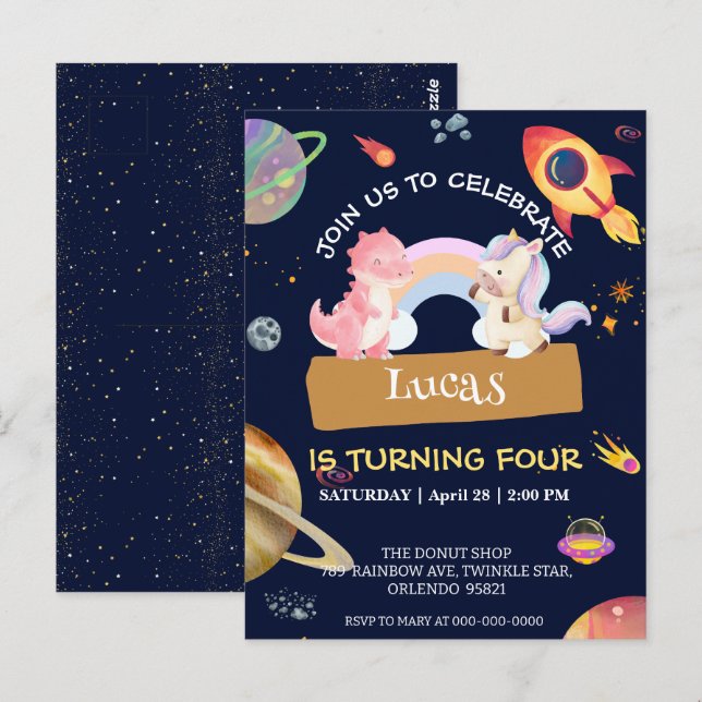 Cute Unicorn Dinosaur Galaxy Rocket birthday party Postcard (Front/Back)