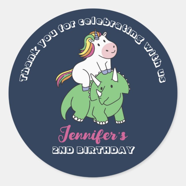 Cute Unicorn Dinosaur Kids Birthday Party Favor Classic Round Sticker (Front)