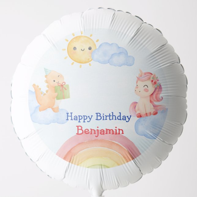Cute unicorn Dinosaur rainbow Birthday Party Balloon (Front)