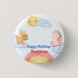 Cute unicorn Dinosaur rainbow Birthday Party Button