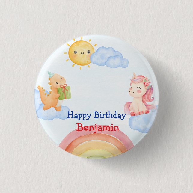 Cute unicorn Dinosaur rainbow Birthday Party Button (Front)