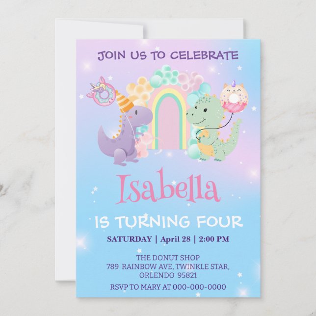 Cute Unicorn Dinosaur Rainbow Donut Birthday kids Invitation (Front)