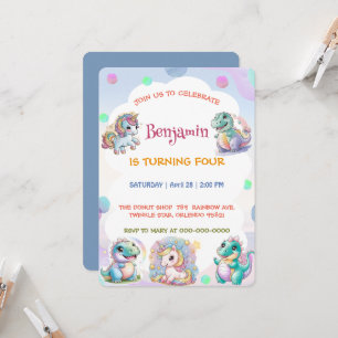 Cute unicorn Dinosaur rainbow friends Birthday par Invitation