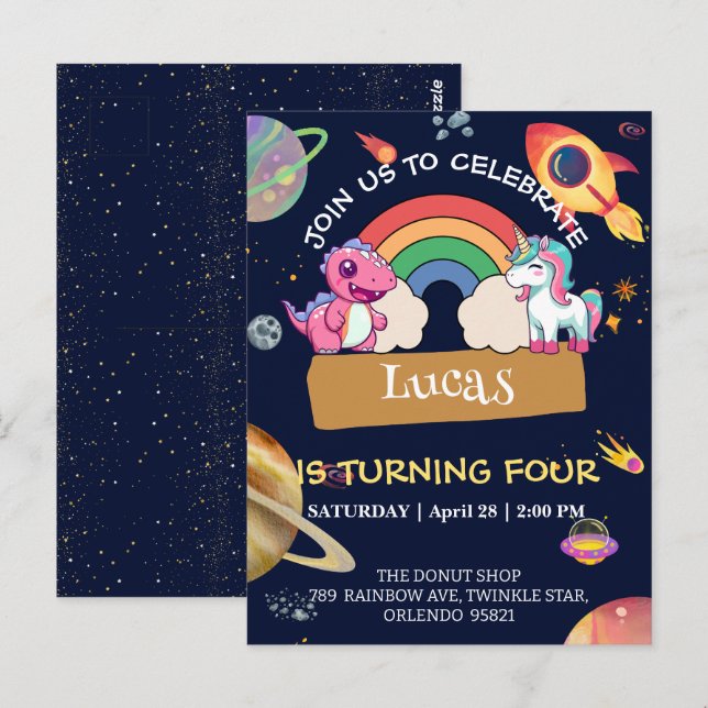 Cute Unicorn Dinosaur rainbow space birthday party Postcard (Front/Back)