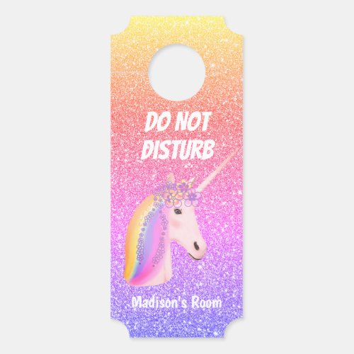 Cute Unicorn Do Not Disturb Rainbow Glitter Name Door Hanger