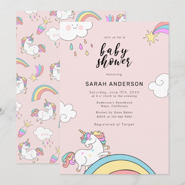 Cute Unicorn Doodle Baby Shower Invitation (Front/Back)
