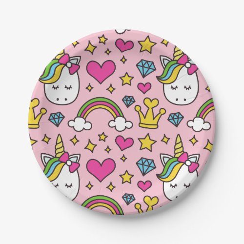 Cute Unicorn Doodle Pattern Pink Background Party Paper Plates
