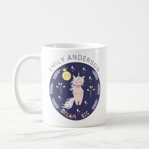 Cute unicorn dream big navy blue coffee mug
