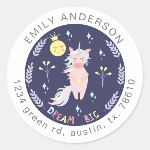 Cute unicorn dream big navy blue return address classic round sticker