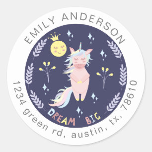 Cute unicorn dream big navy blue return address classic round sticker
