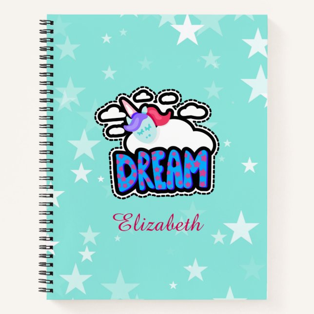 Cute Unicorn Dream | Blue | Personalize You Name Notebook (Front)
