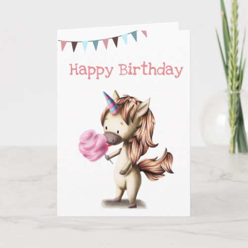 Cute unicorn eating pink cotton candy birthday card