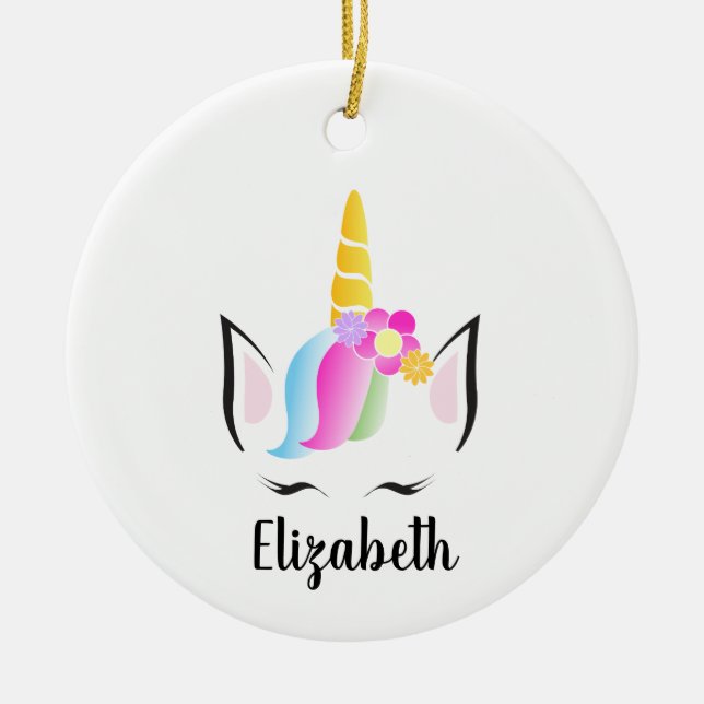 Cute Unicorn Eyelashes Personalized Christmas Ceramic Ornament (Front)