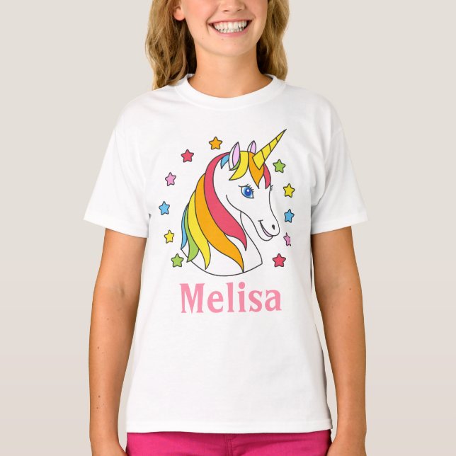 Cute Unicorn face and stars with Kid name T-Shirt (Front)