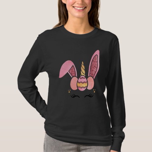 Cute Unicorn Face Bunny Eggs Happy Easter Unicorn  T_Shirt