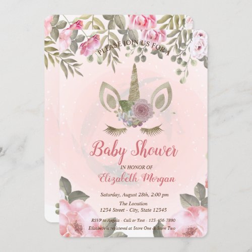 Cute Unicorn Face Floral Baby Shower Invitation