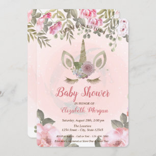 Cute Unicorn Face, Floral Baby Shower Invitation