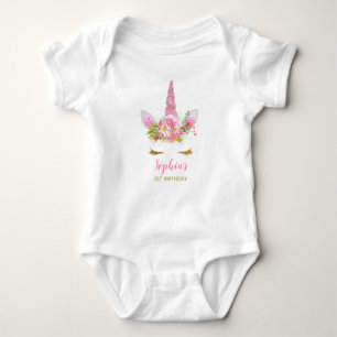 Cute Unicorn Face Girl's First Birthday Baby Bodysuit
