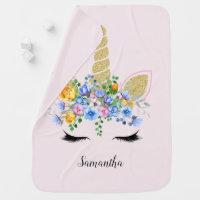 Cute Unicorn Face Glitter Blue Flowers Baby Blanket