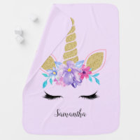 Cute Unicorn Face Glitter Purple Flowers Baby Blanket